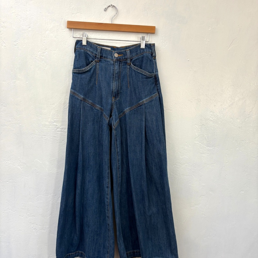 Anthropologie Pilcro Bell Bottom Wide Leg Jeans Women Size 25 Blue High Rise - Picture 2 of 13
